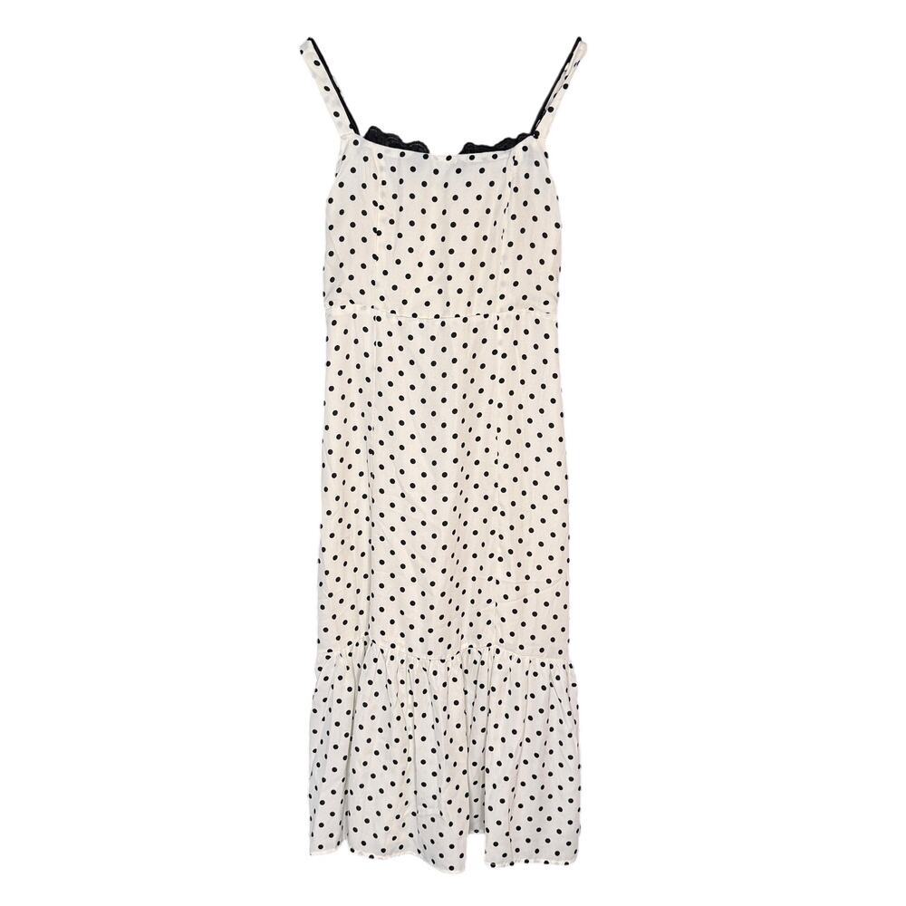 SundayUp Polka Dot Midi Dress Large Cream Black Sleeveless Ruffle Hem